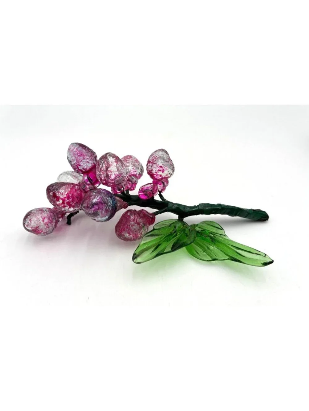 Vintage Handblown Glass Grape Cluster With Green Leaves Pink & Clear Decorative